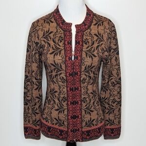 Skadi 100% alpaca sweater cardigan zip front knit red brown paisley size L